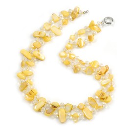Avalaya Two Row Layered Yellow Shell Nugget and Transparent Glass Crystal Bead Necklace/ 48cm Long