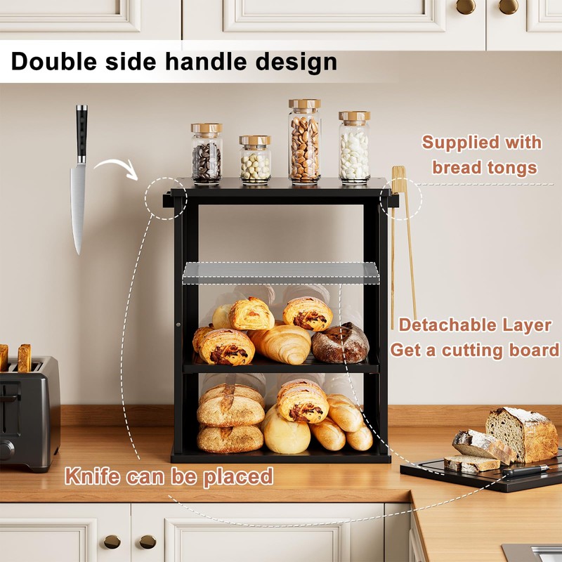 WOWLIVE Black Bread Box for Kitchen Countertop, Large 3 Layers