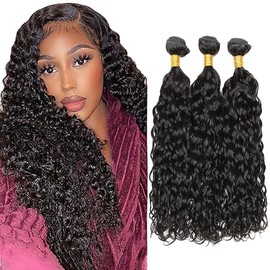 Tuheerst Human Hair Bundles Water Wave 3 Bundles Human Hair Brazilian Real Hair Wefts Black 100% Unprocessed Brazilian Remy Hair for Woman 16 16 16 Inches