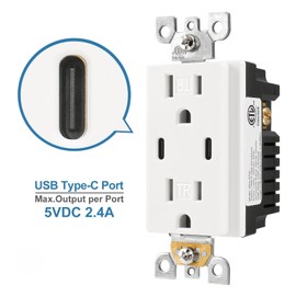 Baomain 2-Pack USB Outlet, Type C USB Wall Charger Outlet, Tamper Resistant Outlet, 4.8A 5VDC, 15A 120VAC, ETL Listed, with Wall Plate, White,15 Amp