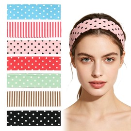 7 Pack Polka Dot Headband Set, Multi Color Non-Slip Elastic Stretchy Wide Hair Band Accessories for Women (Black,Green,Red,Pink,Blue,Red White,Brown White)