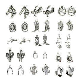 GraceAngie 60 Pieces Western Cowboy Charms for Jewelry Making 15 Styles Antique Silver Golden Cowboy Boot Hat Cactus Horsehead Eagle Charms Western Pendant Cowboy Charms for Bracelet Necklace (Silver)