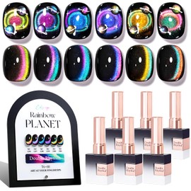 Double Rhythm Cat Eye Gel Nail Polish Set of 6 Same Color Same Bottle 0.5 Oz Shimmer Glitter with Magnet Holographic Reflective Magnetic UV Nail Polish Kit at Home (Holographic Rainbow-T6-88)