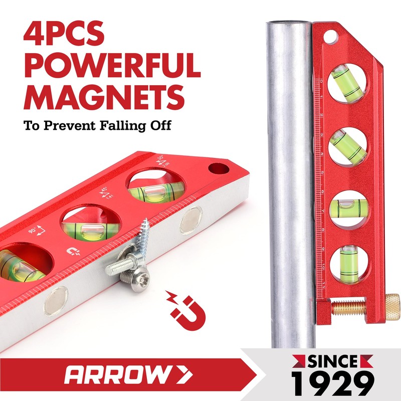 ARROW 6.3-Inch Torpedo Level, Magnetic Leveler with 0°/30°/45°/90° Bubbles, Top-view