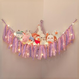 Lewondr Stuffed Animal Hammock, Dense Stuffed Animal Net or Hammock with Transitional Fringes, DIY Ribbons Great Decor Stuffed Animal Storage, 138'' Star Light String, 39'' x 39'' x 59, Purple