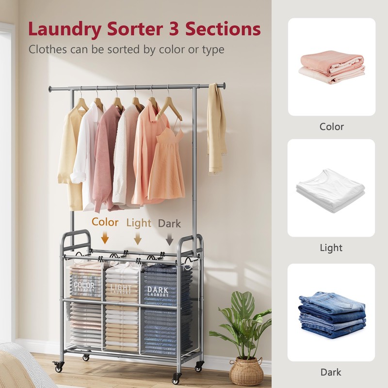 Tajsoon Laundry Sorter with Hanging Bar, 3 Section Rolling Laundry