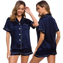 SWOMOG Womens Silk Satin Pajamas Set Two-Piece Pj Sets Sleepwear Loungewear Button-Down Pj Sets Deep Navy Blue