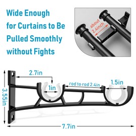 KOLAKO Curtain Rod Bracket, Double Curtain Rod Holders Heavy Duty Curtain Rod Hooks for Wall Black Drapery Rod Brackets for 1 Inch Rods, Set of 2