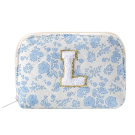 WHHJM Initial Dome Cosmetic Makeup Bag Small Cotton Quilted Makeup Pouch for Purse Cute Blue Floral Travel Toiletry Zipper Pouch (Blue Floral L)