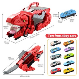 Ronronner Transport Truck Toy Cars, Car Transporter Toy, Portable Dinosaur Race Track Truck Toy for Boys Aged 3, 4, 5, 6, 7 Years with 10 Racing Cars (Red)