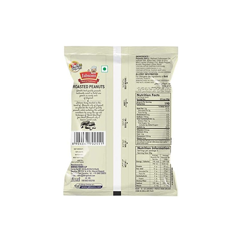 Jabsons Roasted Peanut (Nimboo Pudina Flavour) 140gm - Pack of