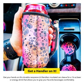 16oz Can Cooler Insulated - Lit Handlers Neoprene Fabric Beverage Cooler Sleeve with Handle & Pocket - Water Resistant Energy Drink Holder - Machine Washable Beer Can Covers for Beach (Leopard)