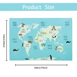 USTIDE Blue Map Rug 5x7 Kids Area Rug World Map Cute Animal Rugs Educational Carpet for Boy Girl Non Slip Machine Washable Rug for Living Room Bedroom Playroom Classroom