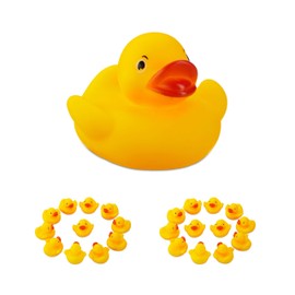 Relaxdays 10024283, yellow bath duck, 5 cm, set of 12, classic squeaky duck for the bath, bath toy for young and old