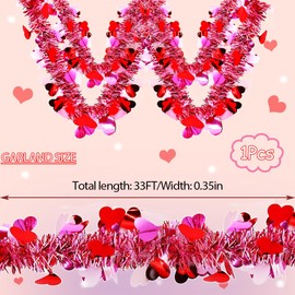 Valentine's Day Tinsel Garlands 33FT Metallic Fringe Garland Pink Valentines Day Decorations with Hearts Hanging Glitter Streamers for Wedding, Engagement, Anniversaries, Romantic Love Decorations