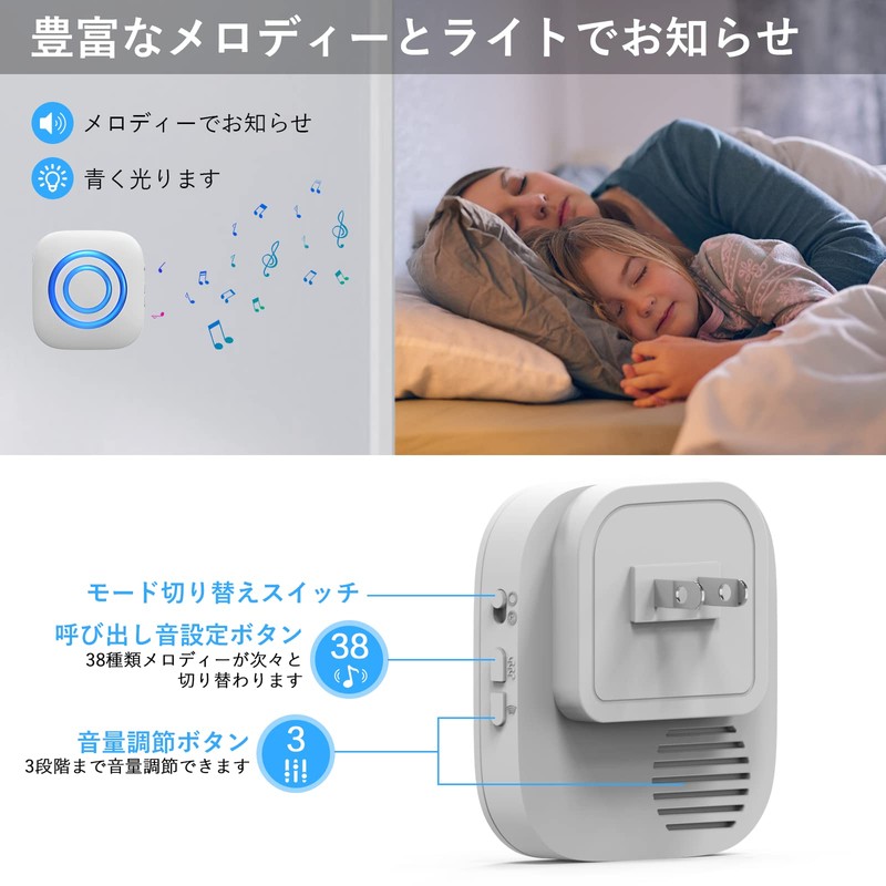 Wireless Motion Sensor Chime, Cordless Call Bell, Nursing Care, Non-Contact,