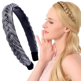 DIGUAN Wide Braided Headband with Teeth Braid Headband Fishtail Braids Hairband with Tooth Synthetic Fish Tail Hair Band Plaited Hairband Women Headband Hairpiece non slip Hair Band 1.2 Inch (Salt/Pepper)