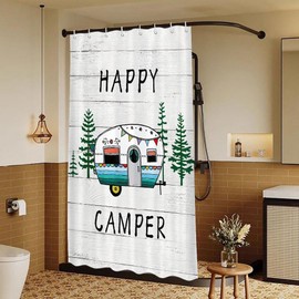 Camper Shower Curtain, Camper Shower Curtain Rustic Wood Camper Curtains for Travel Trailers Camping RV Shower Curtain for Camper, Small Size Campers Shower Curtain Set with Hooks, 47X64inch,Green