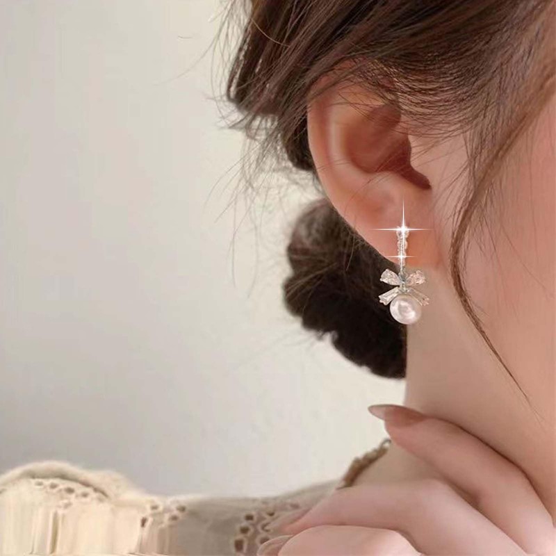 Aneneiceera Vintage Crystal Bow Pearl Earrings Silver Pearl Dangle Earrings