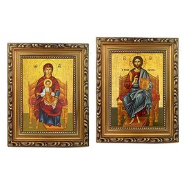 Needzo - Christ Blessing Icon and Virgin And Child, Platytera Enthroned Theotokos Greek Byzantine Icons, Pair - Set of 2, Gold Framed 9 3/4 Inch