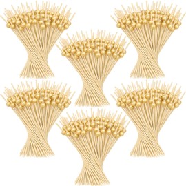 600 Pcs Cocktail Picks, Fancy Toothpicks for Appetizers Drinks Fruit, 4.7 Inch Long Decorative Bamboo Skewers, Gold Pearl Garnish Sticks for Charcuterie Boards Accessories Party Supplies, Matte Gold