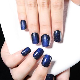 evpct Blue Cat Eye Short Press on Nails Square, Short Square Glue on Nails for Women Gift, Royal Blue Metallic Glitter Glossy Reusable Spring Summer Stick Gel Press on Acrylic Fake Nail with Designs