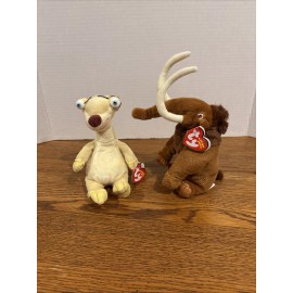 TY SID The Sloth & MANNY Beanie Baby Ice Age Movie 8” MINT, New