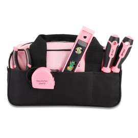 Auto Dynasty 7pcs Household DIY Hand Tool Kit with Screwdriver, Pliers, Measuring Tape, Level, Scissors and Wide-Open Mouth Canvas Storage Bag, Pink