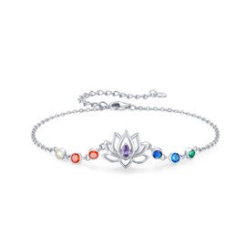 Lotus Bracelet 925 Sterling Silver Chakra Bracelet Lotus Flower with Cubic Zirconia Colourful Lotus Flower Jewellery Bracelet Gifts for Women Girls