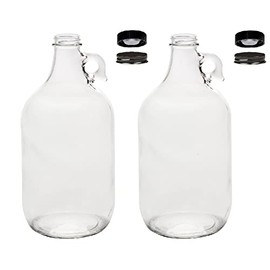 North Mountain Supply 1/2 Gallon (64 Ounces) Clear Glass Fermenting Jug with Handle, Black Polyseal Lid & Black Metal Lid - Set of 2