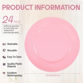 24 Pcs Pink Charger Plates Bulk,13 inch Round Beaded Plate Chargers for Dinner Plates, Decorative Dinner Chargers Plastic Table Chargers for Wedding Holiday Party Event Decoration