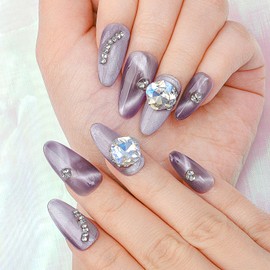 Sethexy Short Almond Press on Nails Cat Eye Gradient Fake Nail Rhinestones Glitter False Nails Crystal Reusable Glue on Nails for Women and Girls 10Pcs