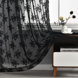 Kotile Black Lace Curtains for Bedroom - Vintage Black Curtains 72 Inch Length Floral Embroidery Gothic Sheer Curtains for Windows, Scalloped Trim Lace Curtain Panel, 52 x 72 Inch, 2 Panels