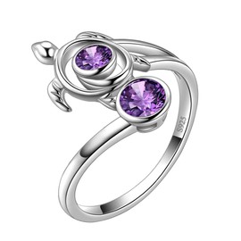Aurora Tears Turtle Necklace, 925 Sterling Silver, Animal Pendant, Birthstone Jewellery, Gifts with Zirconia for Women DP0172, Rings, February amethyst
