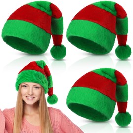 Kenning 4 Pcs Santa Hat for Adults Green and Red Striped Christmas Elf Hat Plush Xmas Hat for Women Men(Red, Green)