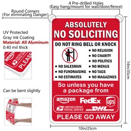 14 x 10 Inches Absolutely No Soliciting Sign for House - Do Not Ring Bell or Knock, Large Work from Home on No Soliciting Metal Go Away Yard Signs for Front Door Home, Sun-Proof, Rust-Free