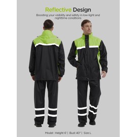 ProHydra Mens Rain Suits with Air Vents Reflective Stripes Waterproof Rain Gear Breathable Jacket Pants for Work Motorcycle Fishing Golf (Black Green, Large)