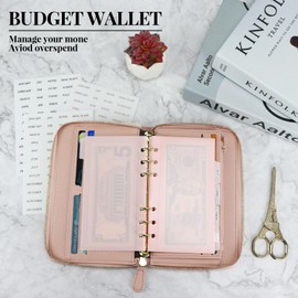 Koqye A6 PU Leather Cash Envelope Wallet - Budget Binder with Zipper, Pink Divider Pockets & Stickers, All-in-One Money Organizer for Cash Envelopes & Budget Planning (Pink)