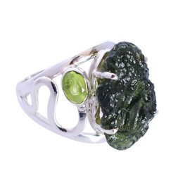 Ravishing Impressions Moldavite & Peridot Ring - Genuine Raw Oval Moldavite Gemstone Jewelry 925 Sterling Silver Unique Healing Crystal Ring, Gemstone, Moldavite