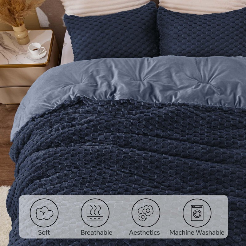 BEDELITE Fluffy King Size Comforter Set - Navy Blue Fleece