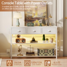 Furologee 38in Console Table with 3 Drawers, Small Sofa Table with Lights and Power Outlets, Hallway Tables with 3-Tier Shelves, White Narrow Console Table for Entryway, Living Room, Couch, Foyer