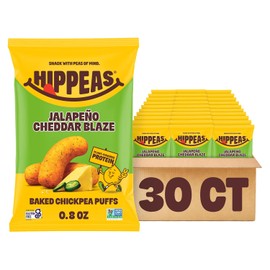 Hippeas Chickpea Puffs, Jalapeño Cheddar Blaze, 30 x 0.8 oz Bags, Baked Crunchy Chickpea Snacks with 3g Plant Protein, 2g Fiber & 50% Less Fat, Gluten Free, Non-GMO, Top 9 Allergen Free