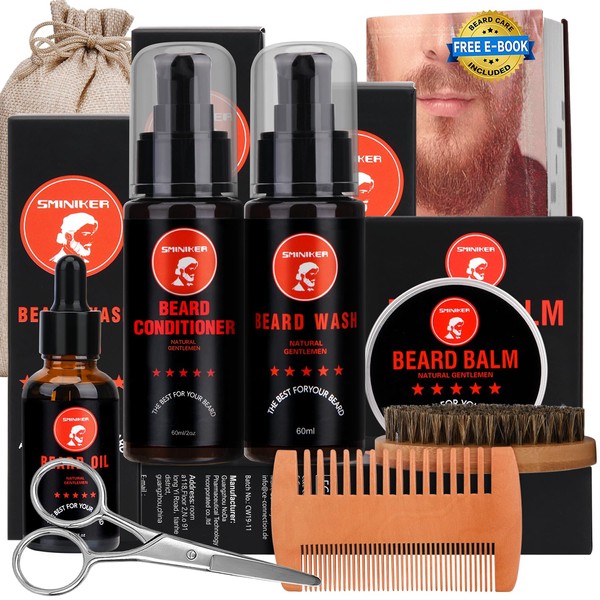 Beard Grooming Kit, Beard Oil, Beard Balm, Beard Shampoo, Beard Conditioner, Beard Brush, Beard Comb and Beard Mustache Scissors Beard Care Unique Gifts for Men Beard Growth & Trimming Kit