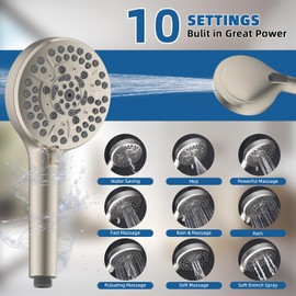 12" All Metal Shower Head, High Pressure 10-Spray Handheld Showerhead Rainfall Shower Head Combo with 11" Adjustable Shower Extension Arm, 71" Hose, Shower Head Holder, Brushed Nickel