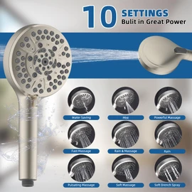 12" All Metal Shower Head, High Pressure 10-Spray Handheld Showerhead Rainfall Shower Head Combo with 11" Adjustable Shower Extension Arm, 71" Hose, Shower Head Holder, Brushed Nickel