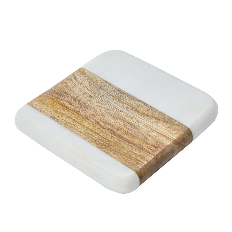 Creative Co-Op Marble & Acacia Wood, White & Natural, Set