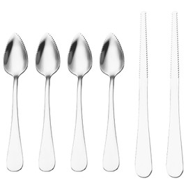 6 PCS Stainless Steel Serrated Grapefruit Spoon and Knife Set Curved Utensils for Citrus Kiwi Melon Lime and Pitaya Fruits (Silver)