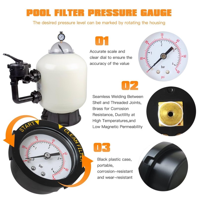 Upgraded Pool Filter Pressure Gauge Replacement Water Proof 60psi 1/4"