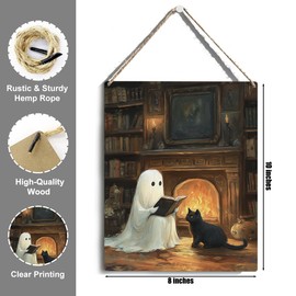 Halloween Decor, Cute Halloween Decorations Indoor, Spooky Halloweens Wall Art Wooden Hanging Sign Wood Plaque Decor, Ghost Black Cat Door Sign Farmhouse Home fireplace Living Room Decoration