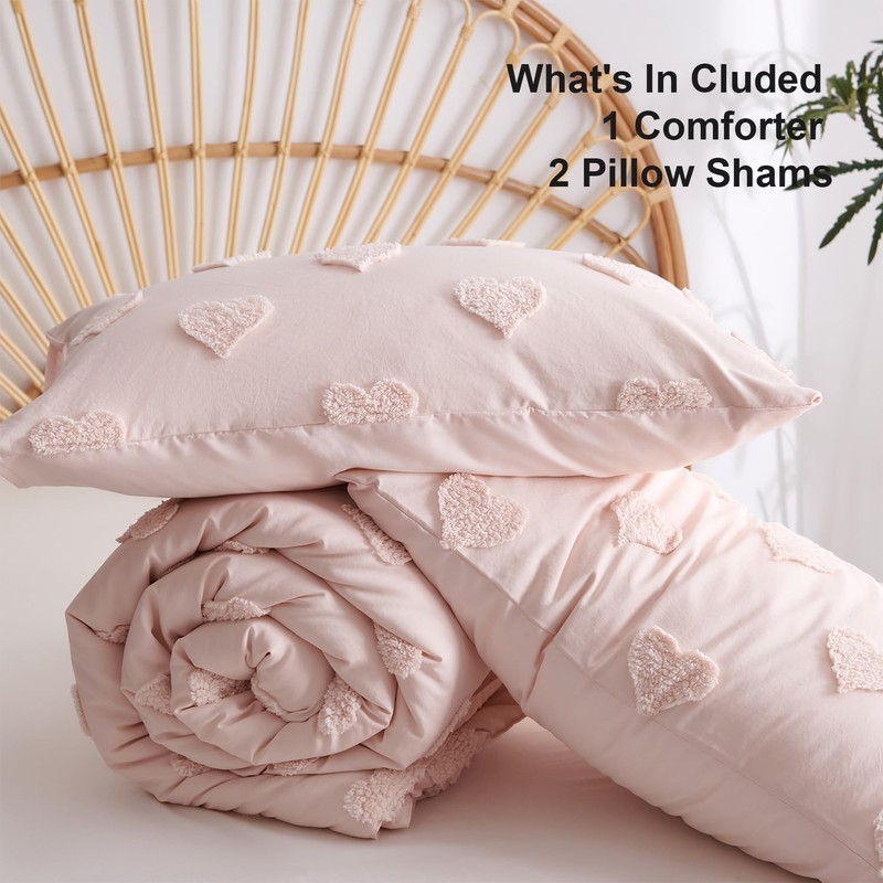 Bildenly Boho Tufted Comforter Set Queen Size Pink Heart Tufted